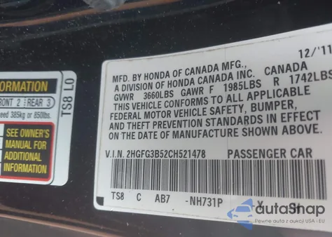 2012 Honda Civic Lx z USA, uszkodzony, nr VIN 2HGFG3B52CH521478